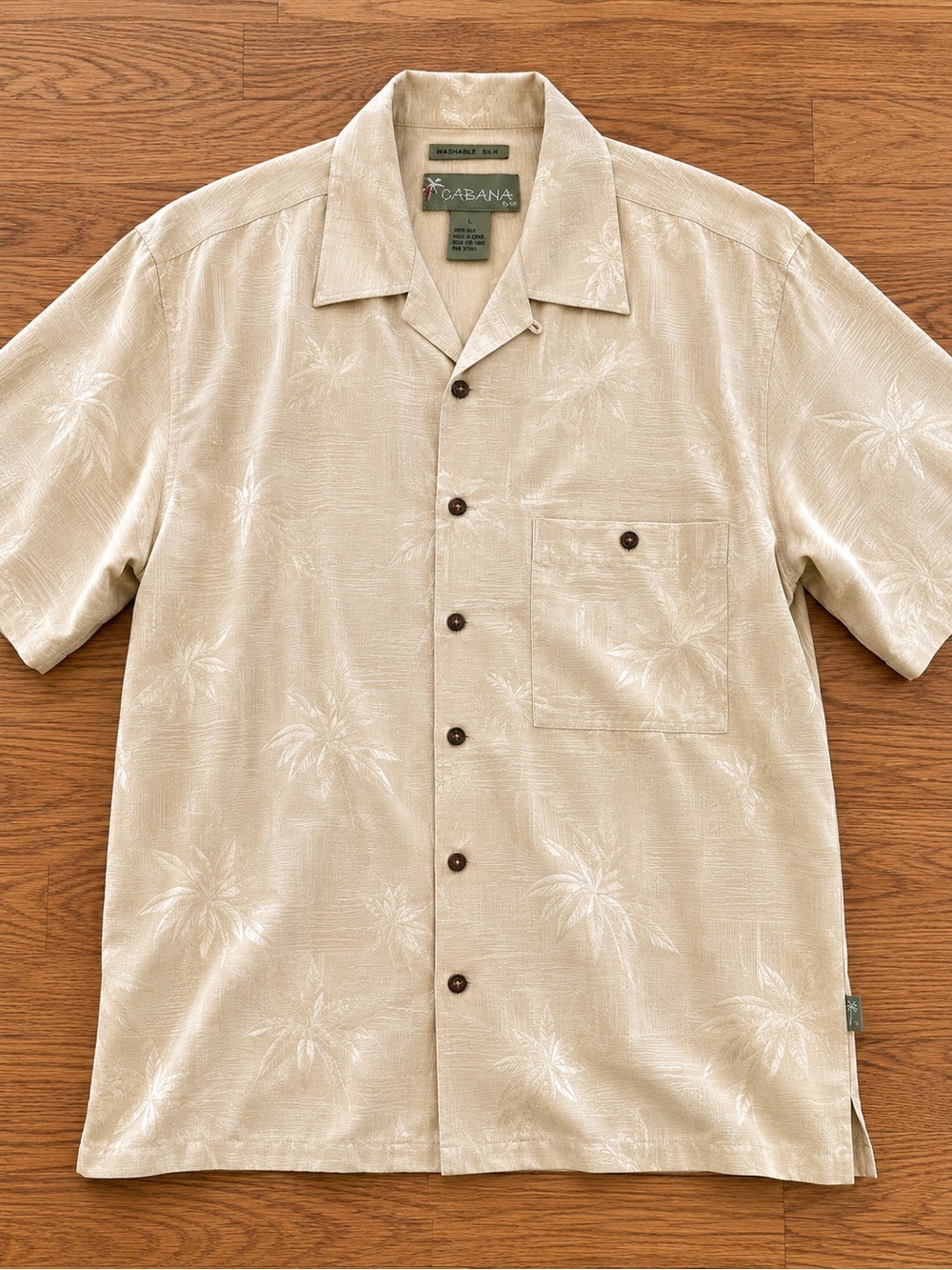Cabana by CDF 100% Silk Beige Palm Tree Short Sleeve Spread Collar Shirt L